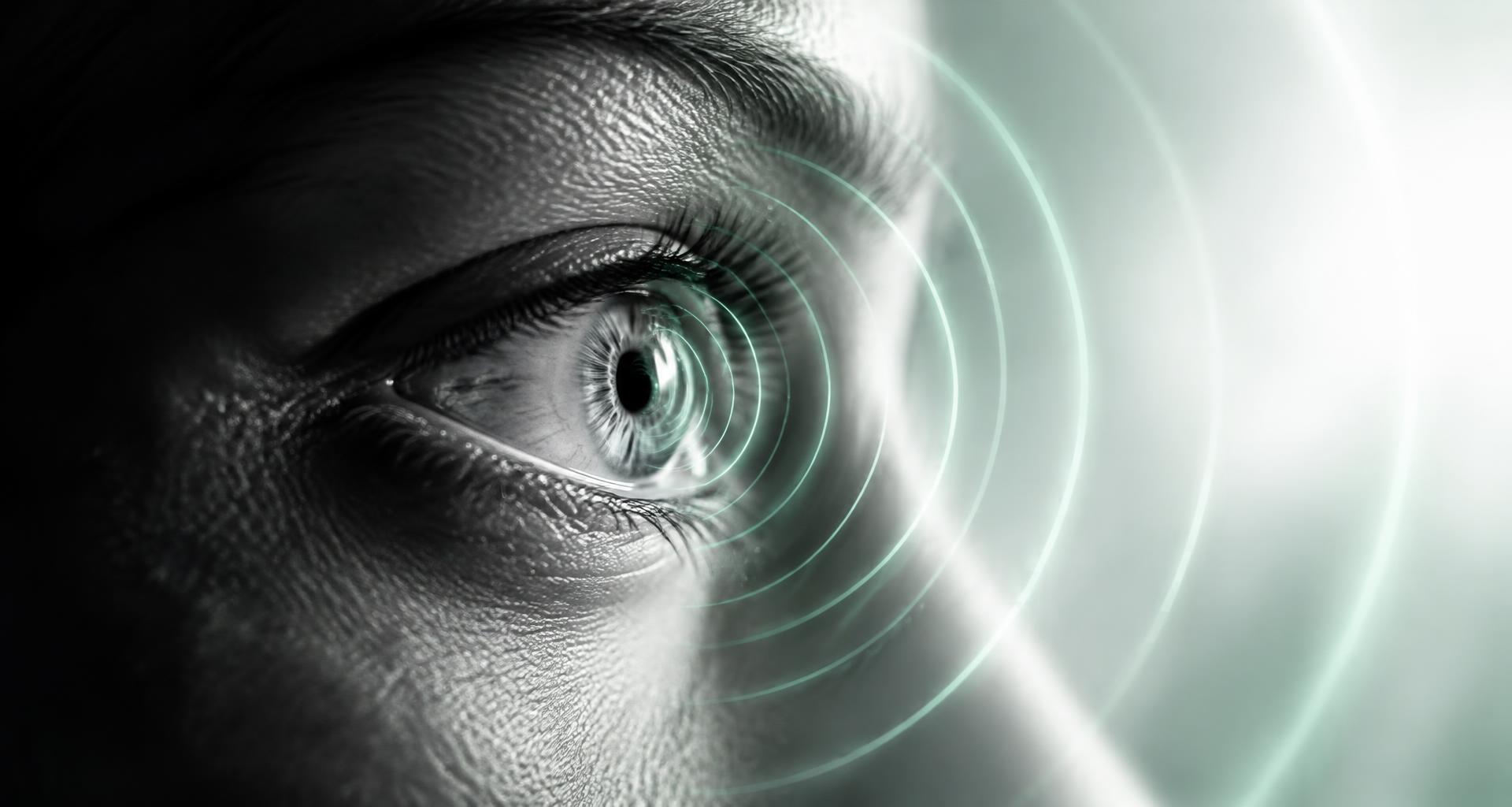 Primer plano de un ojo humano del que se expanden ondas de luz, símbolo de la atención y la percepción.